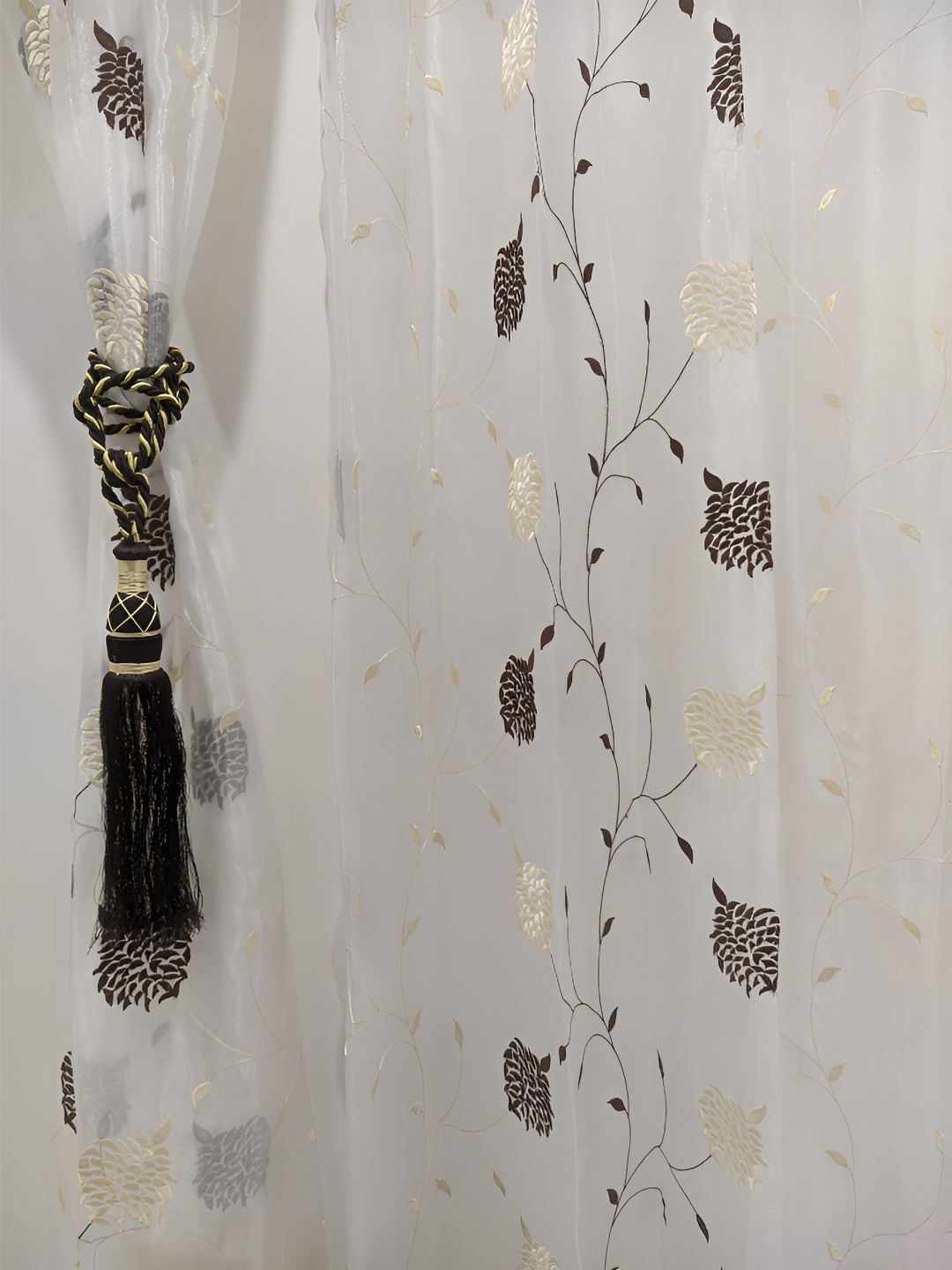 

RIDHAAN Off White & Brown 2 Pieces Floral Printed Sheer Door Curtain