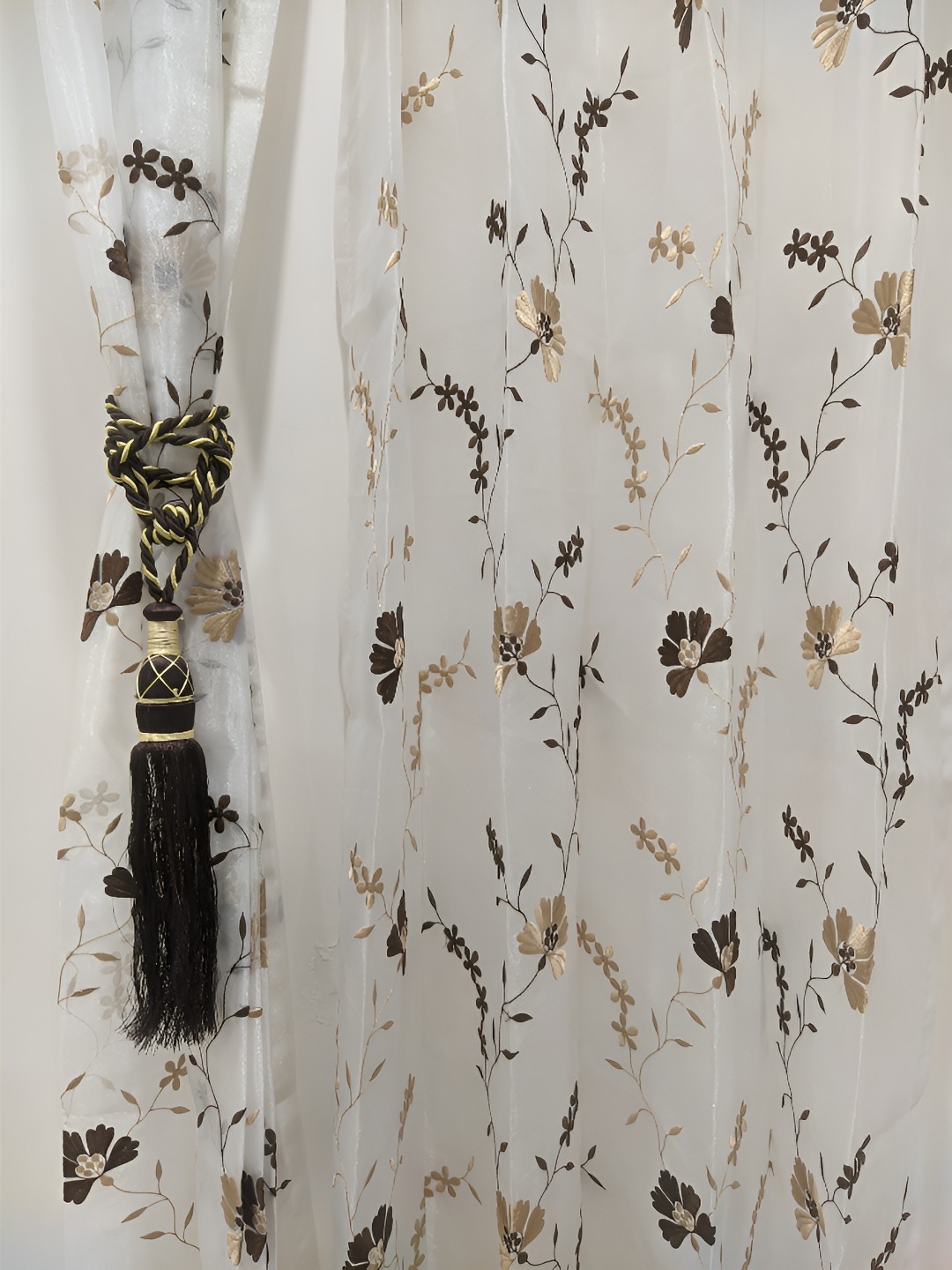 

RIDHAAN White & Coffee Brown 2 Pieces Floral Printed Sheer Door Curtains