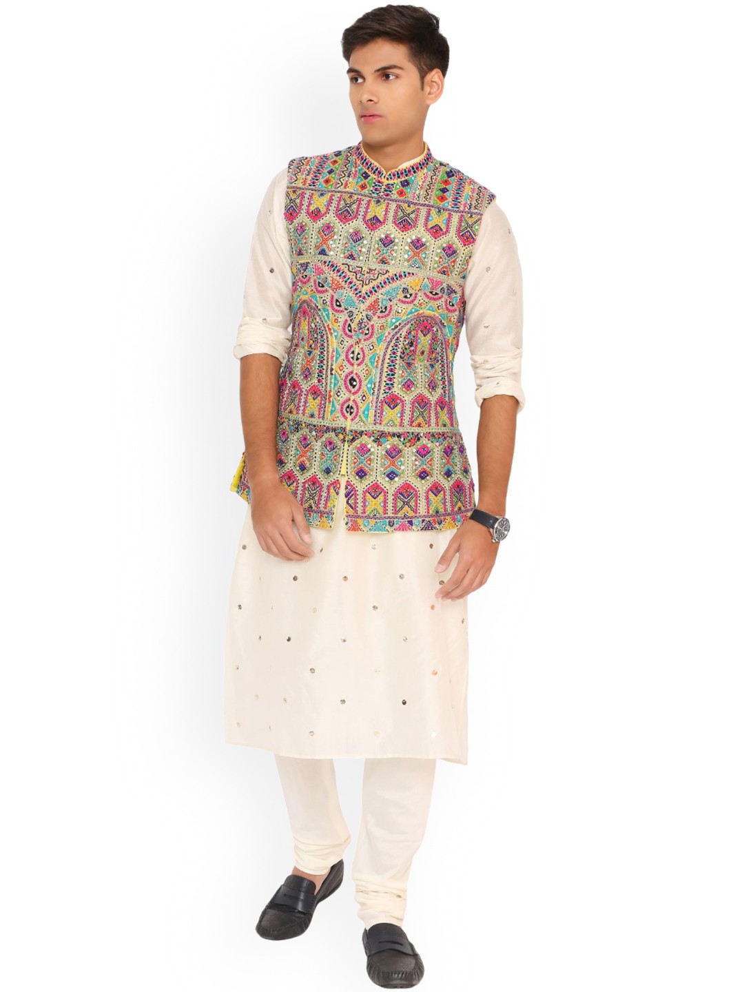 

PS MEN BY PAYAL SINGHAL Floral Embroidered Regular Georgette Straight Kurta With Churidar, Off white