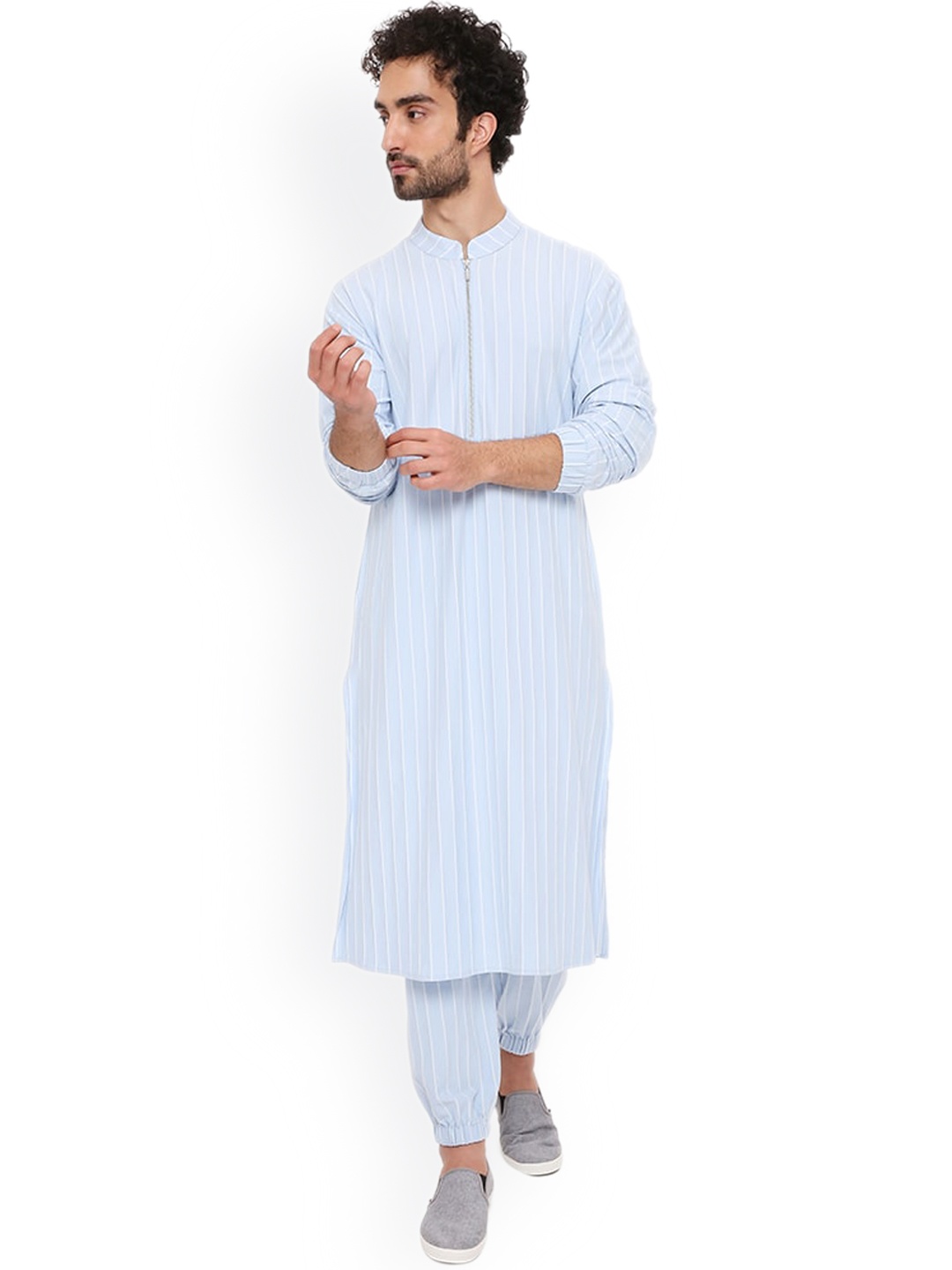 

PS MEN BY PAYAL SINGHAL Striped Mandarin Collar Straight Kurta With Jogger, Blue