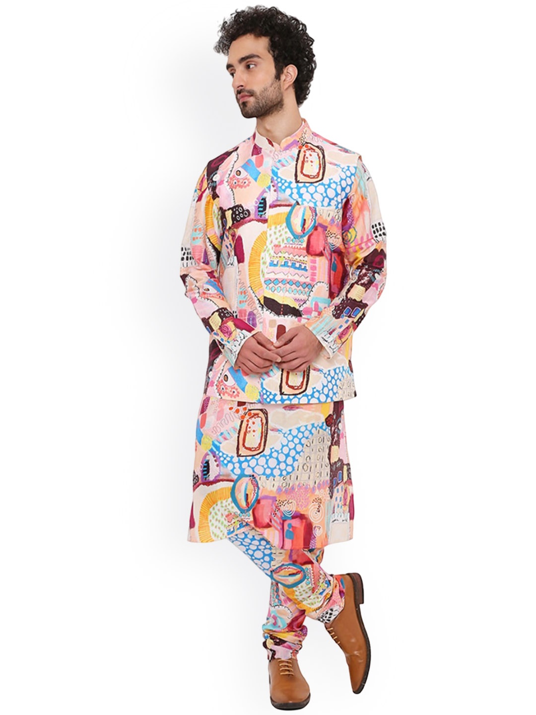 

PS MEN BY PAYAL SINGHAL Printed Regular Dupion Silk Kurta with Churidar, Peach