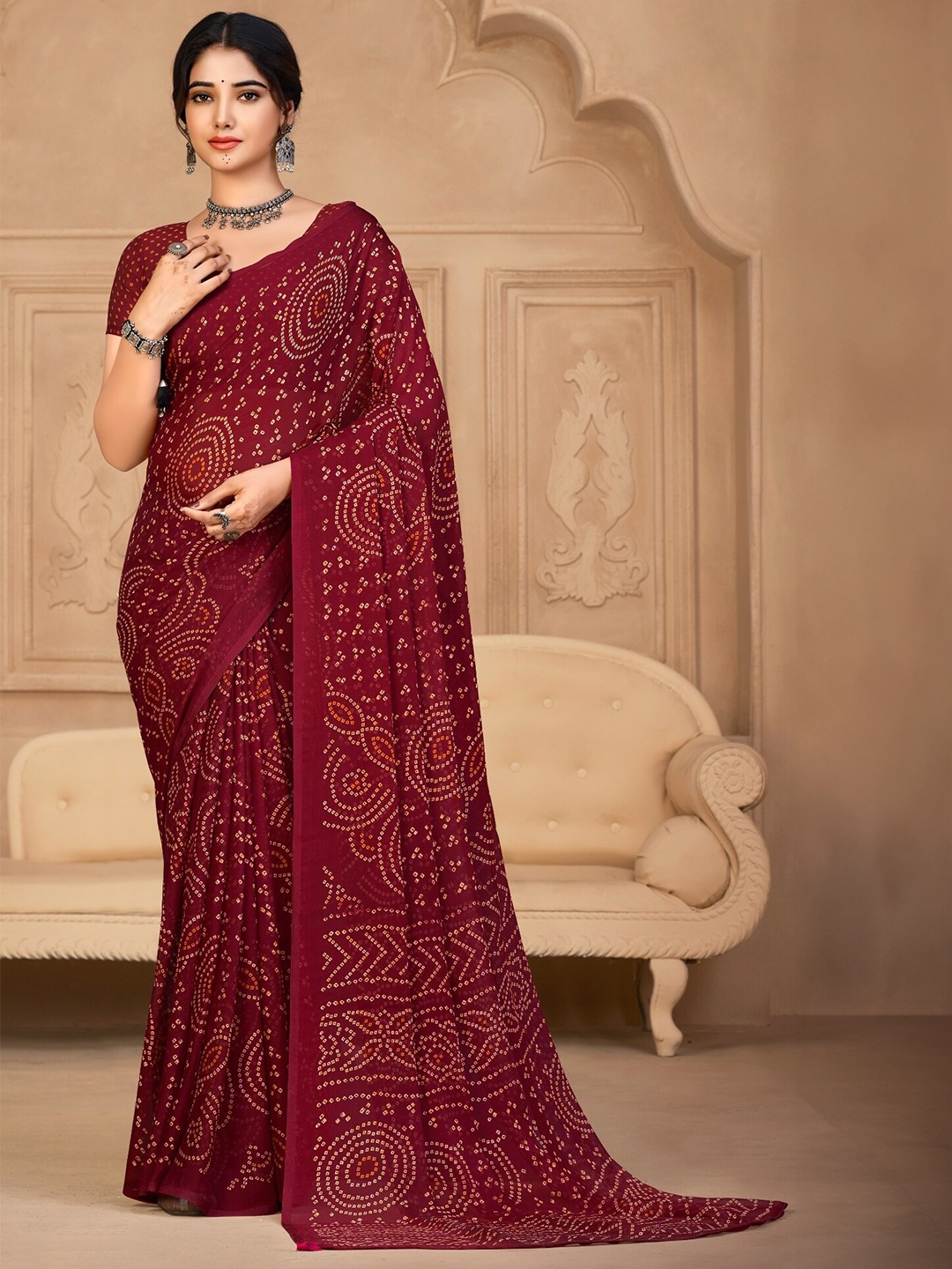 

Reboot Fashions Bandhani Pure Chiffon Bandhani Saree, Maroon