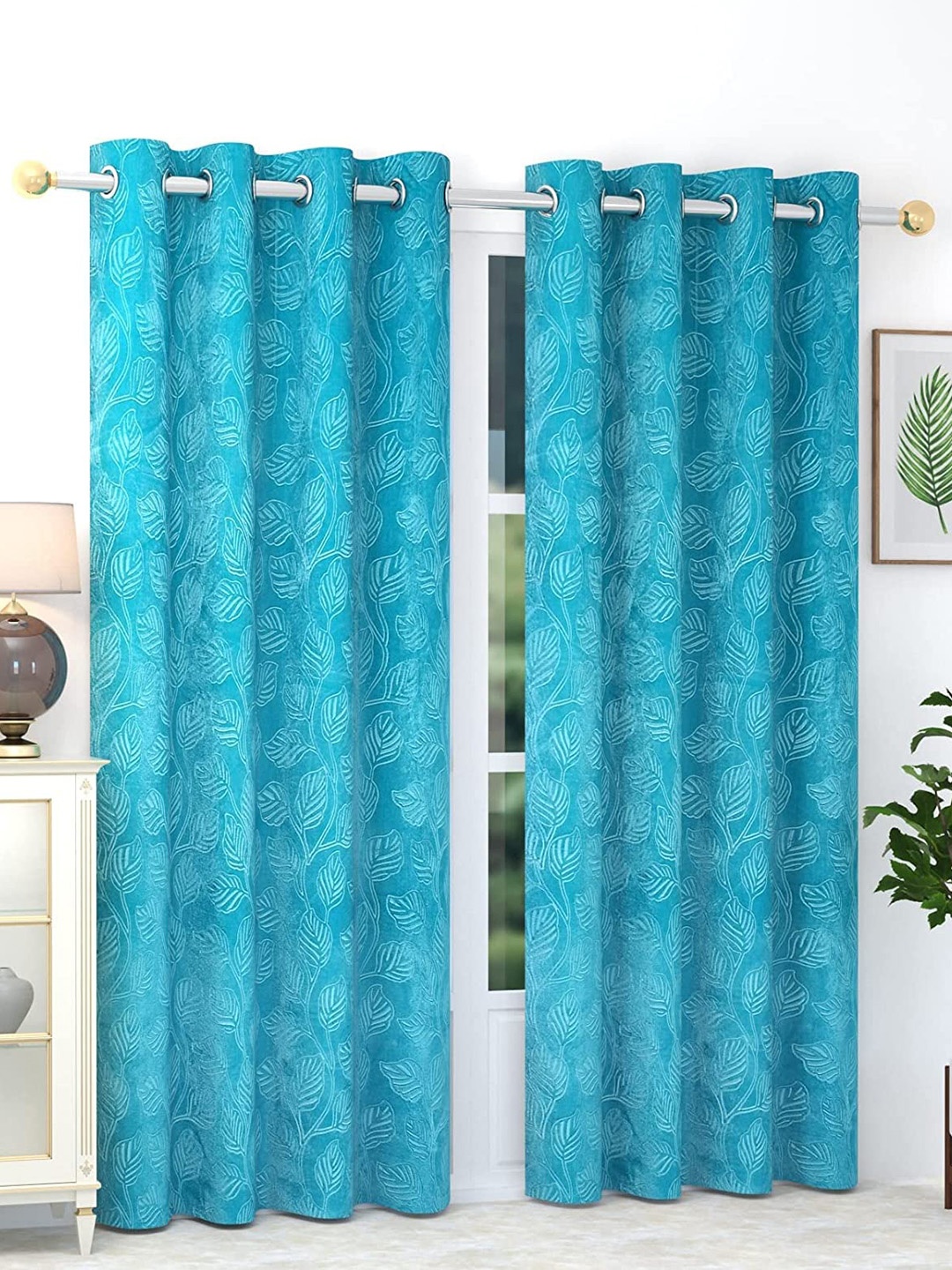 

RIDHAAN Blue 2 Pieces Floral Room Darkening Velvet Window Curtain