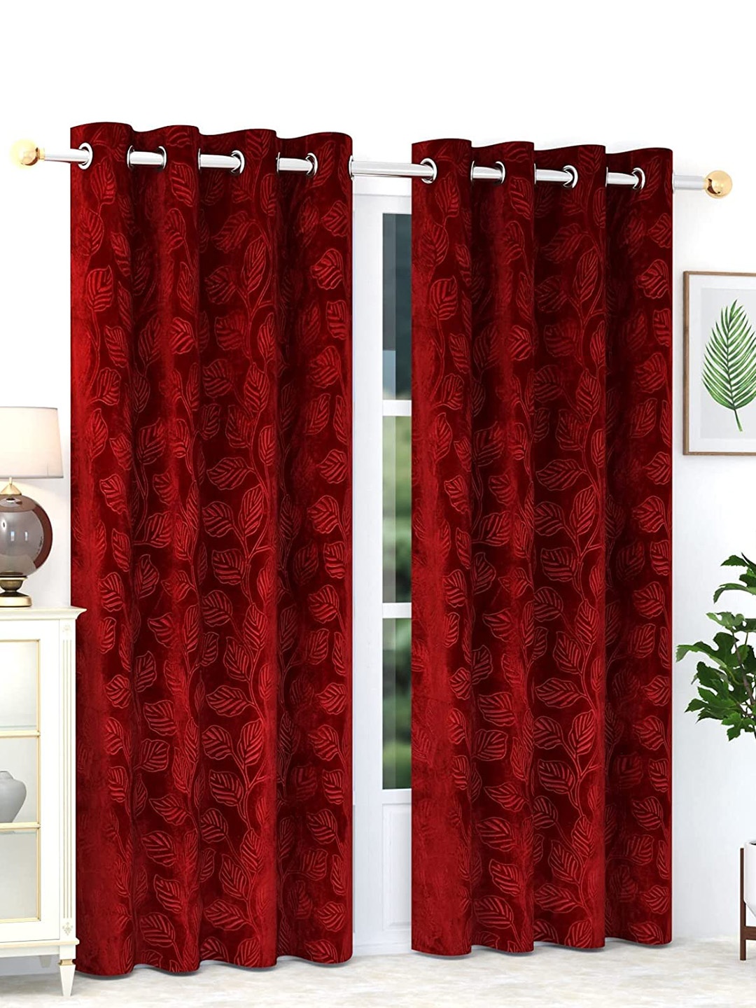 

RIDHAAN Maroon 2 Pcs Floral Room Darkening Velvet Door Curtain