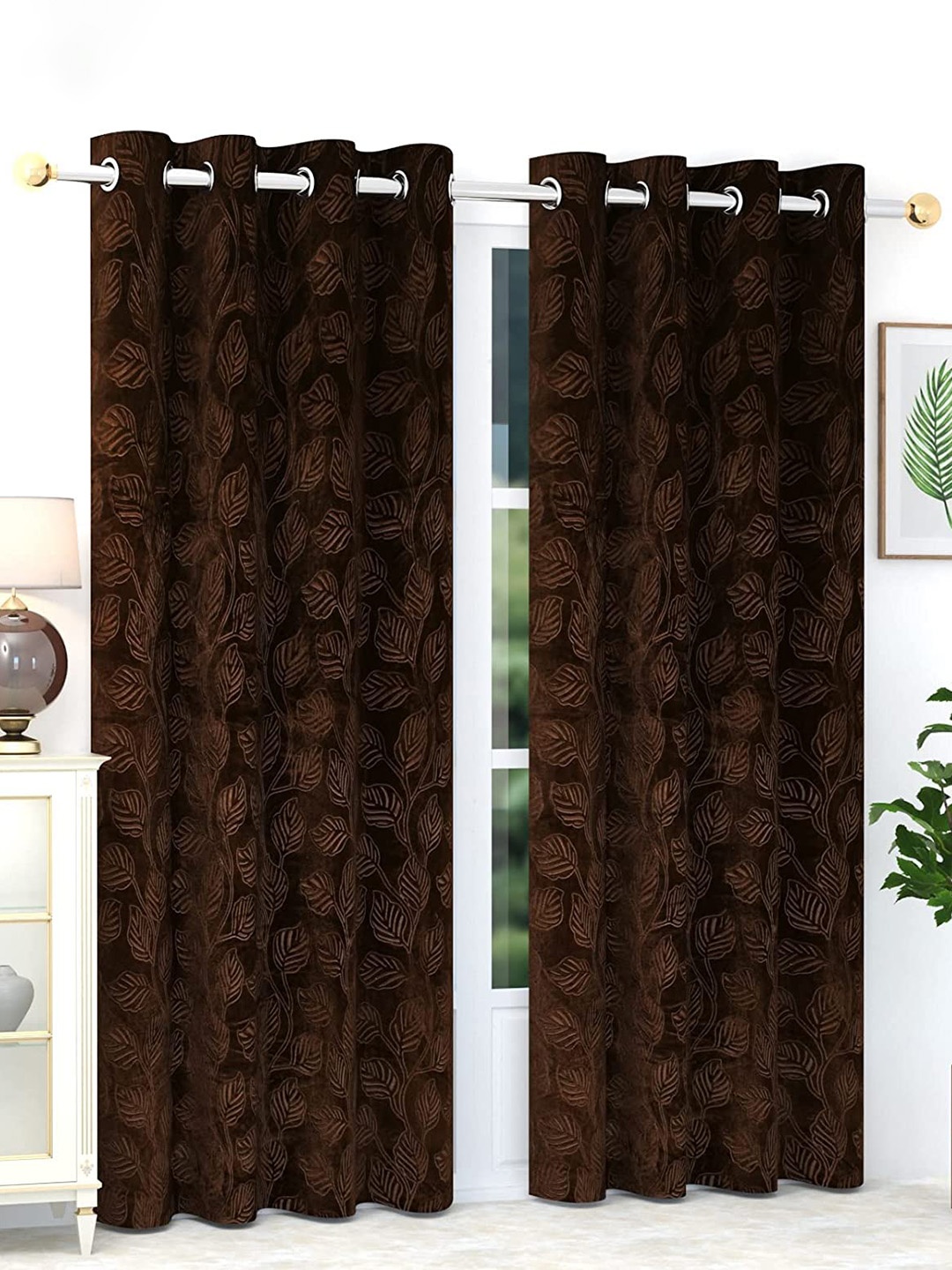 

RIDHAAN Brown 2 Pieces Floral Room Darkening Velvet Door Curtain