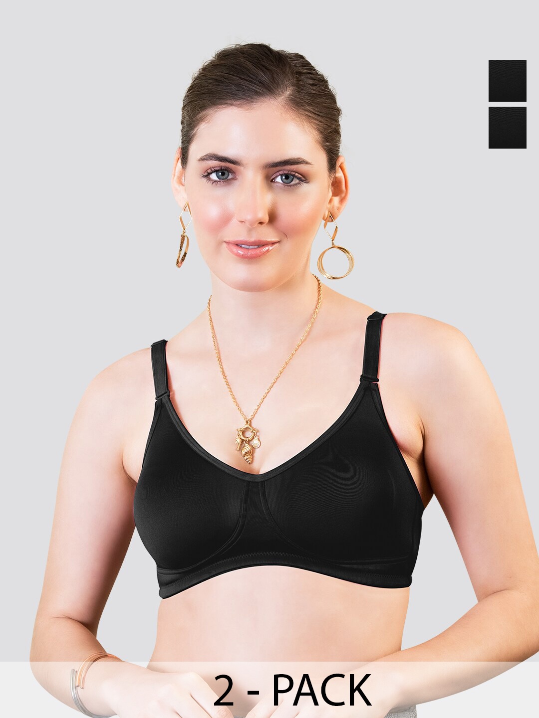 

K LINGERIE Pack of 2 Rachel Seamless Finish Broad Side Wings T-Shirt Bra, Black