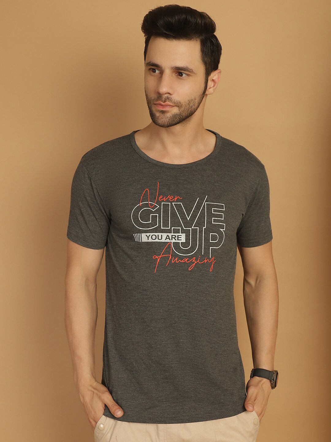 

MACK JONNEY Typography Printed Round Neck Cotton T-shirt, Grey