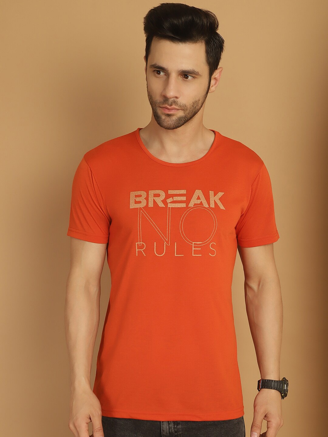 

MACK JONNEY Round Neck Typography Printed Cotton T-shirt, Orange