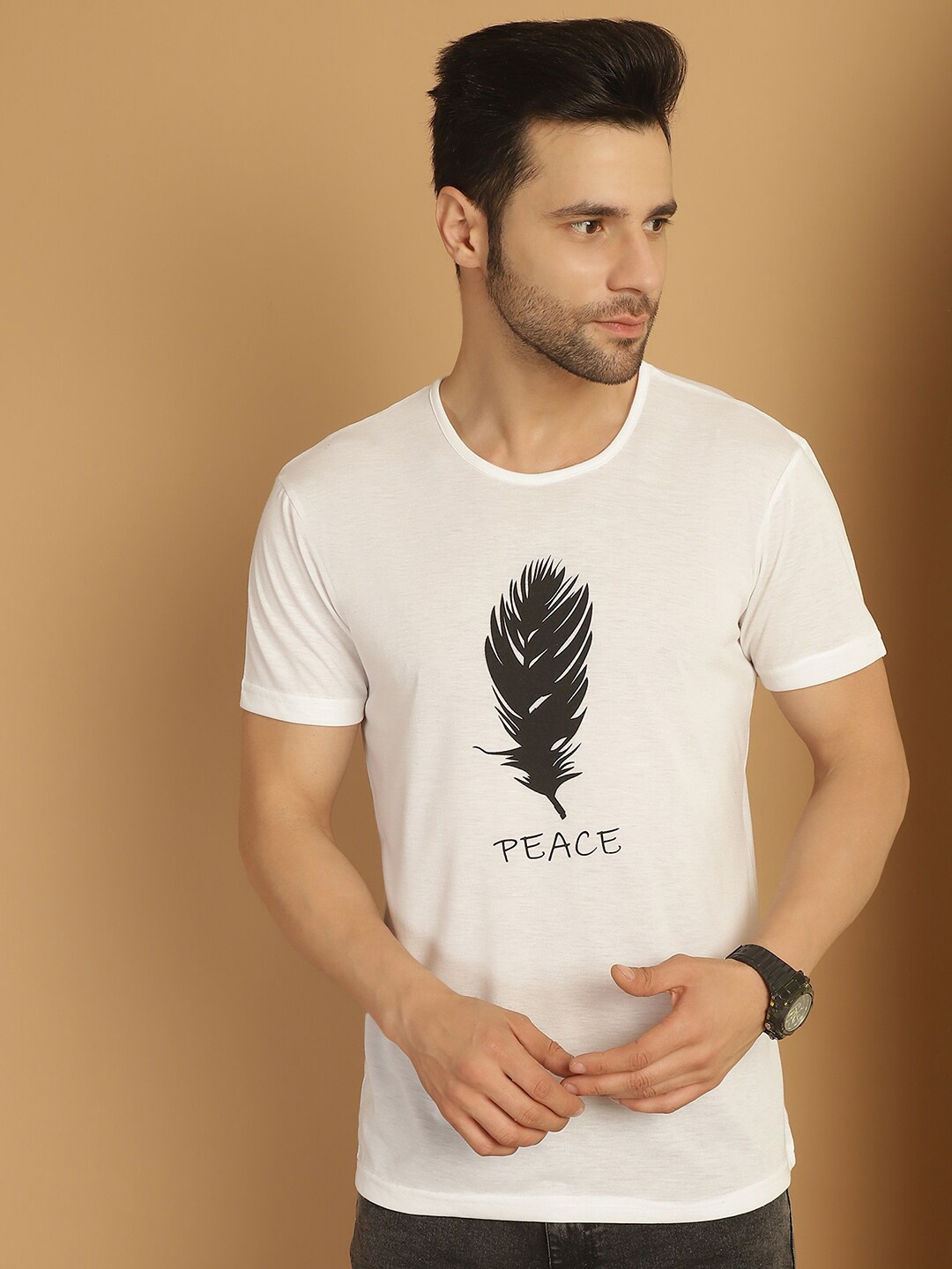 MACK JONNEY Round Neck Typography Printed cotton T-shirt, White