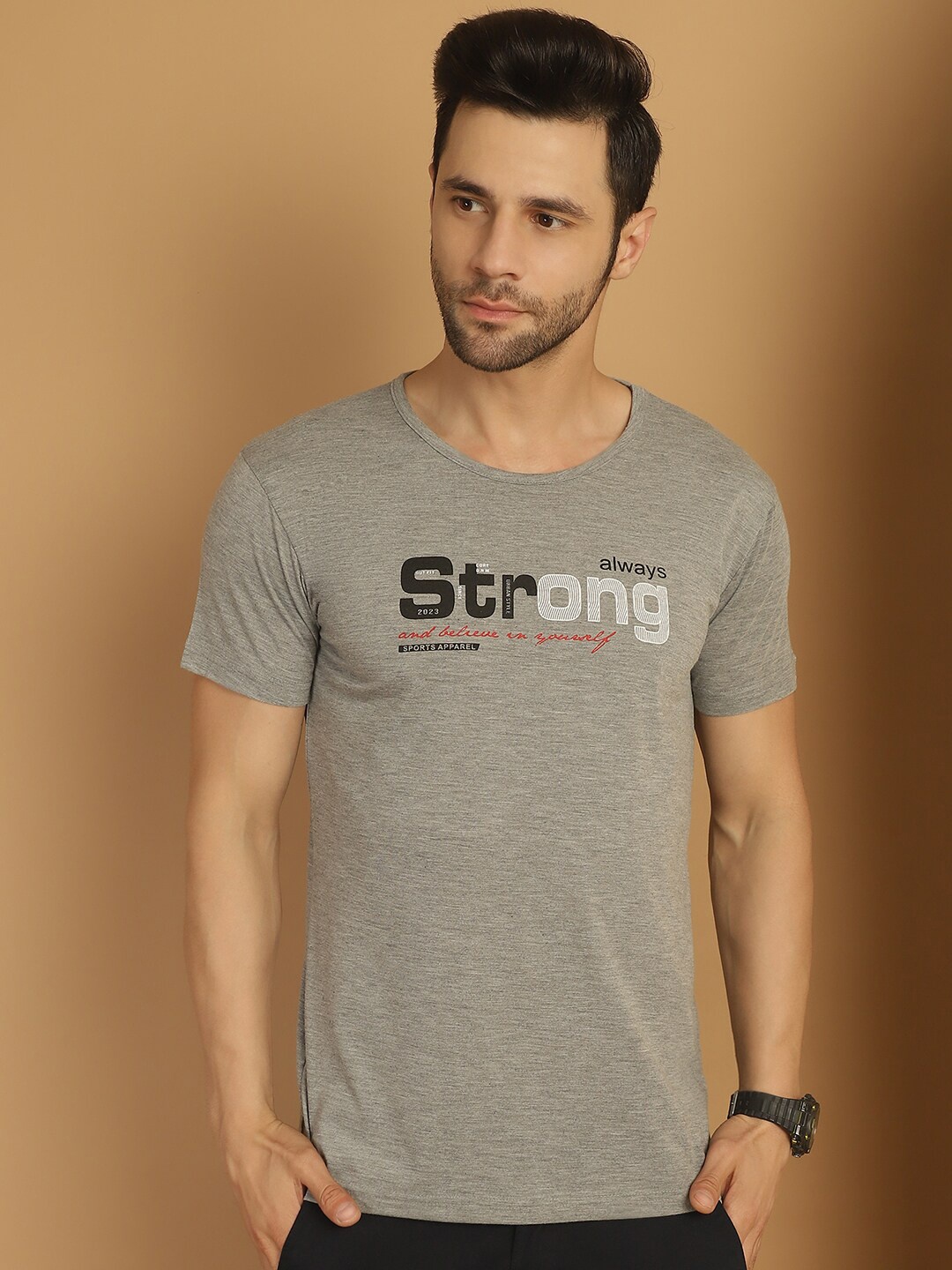 

MACK JONNEY Round Neck Short Sleeves Typography Printed Cotton T-shirt, Grey