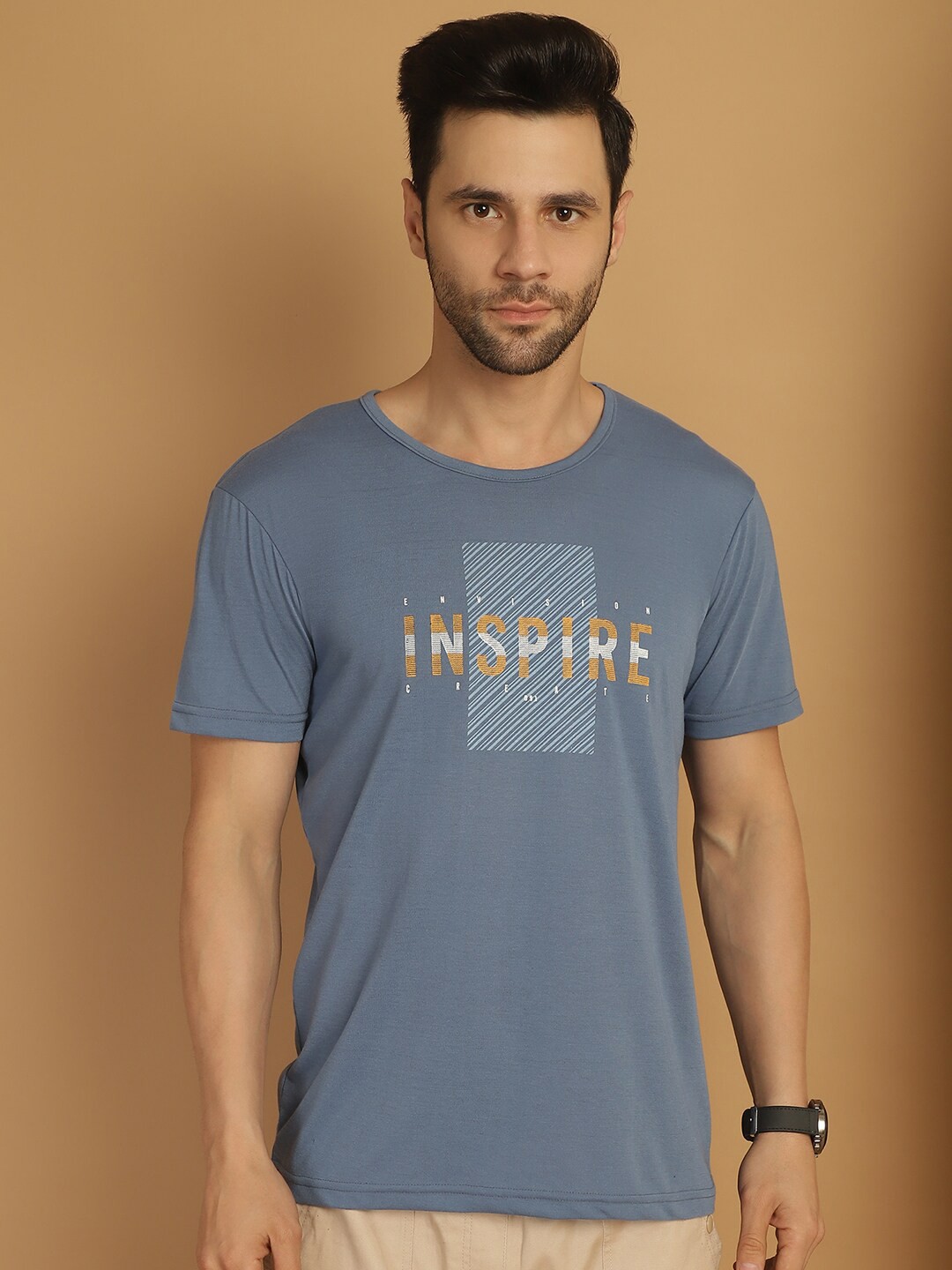 

MACK JONNEY Round Neck Typography Printed Cotton T-shirt, Grey