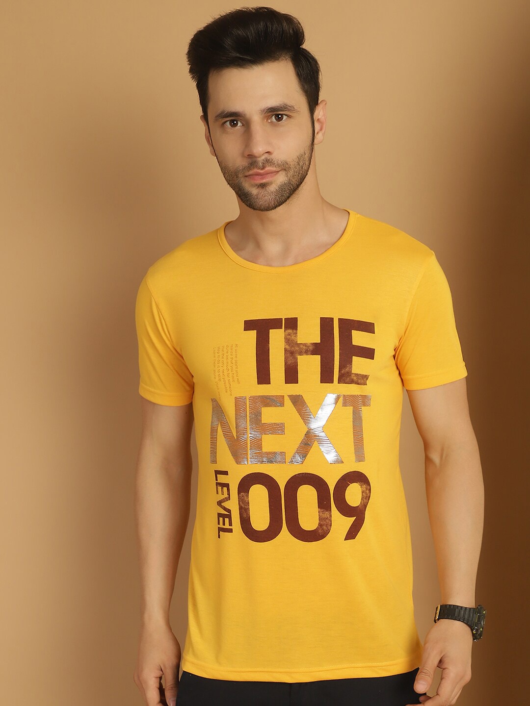 

MACK JONNEY Round Neck Typography Printed Cotton T-shirt, Yellow