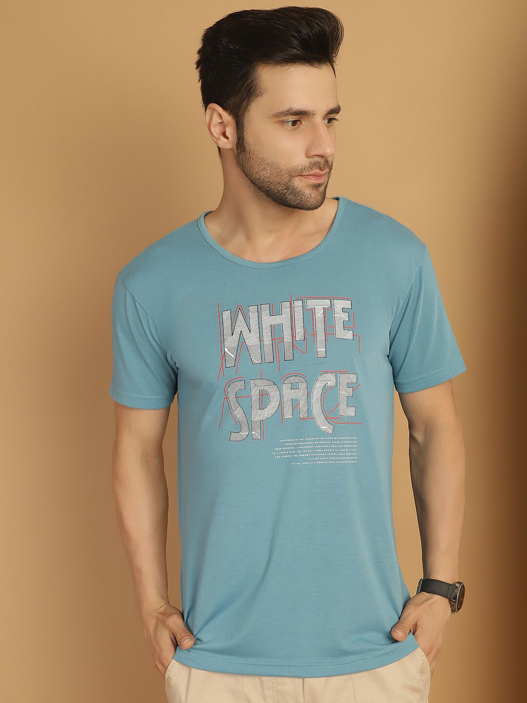 

MACK JONNEY Round Neck Typography Printed cotton T-shirt, Blue