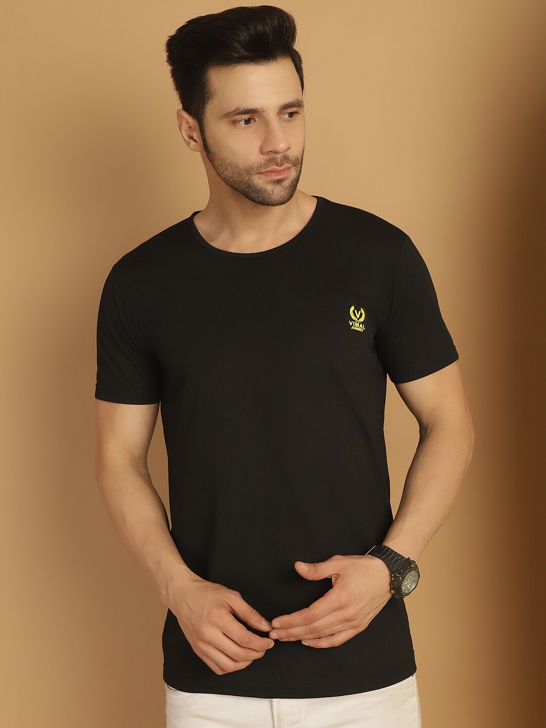 

MACK JONNEY Round Neck Short Sleeves Cotton T-shirt, Black