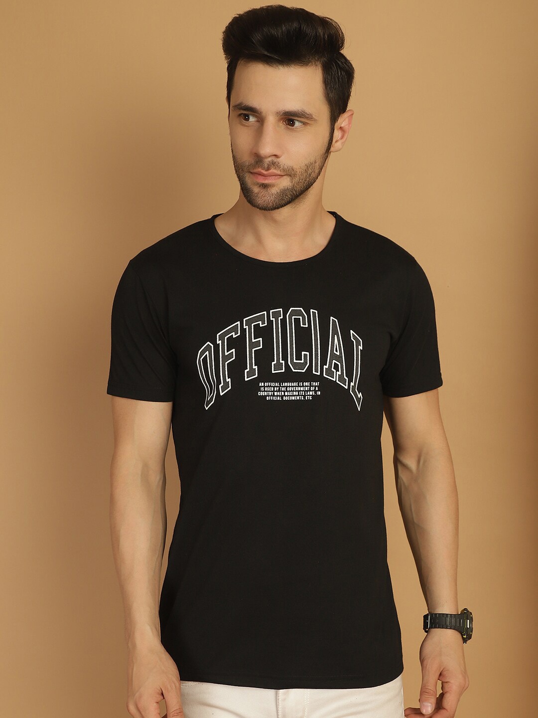 

MACK JONNEY Round Neck Typography Printed Cotton T-shirt, Black