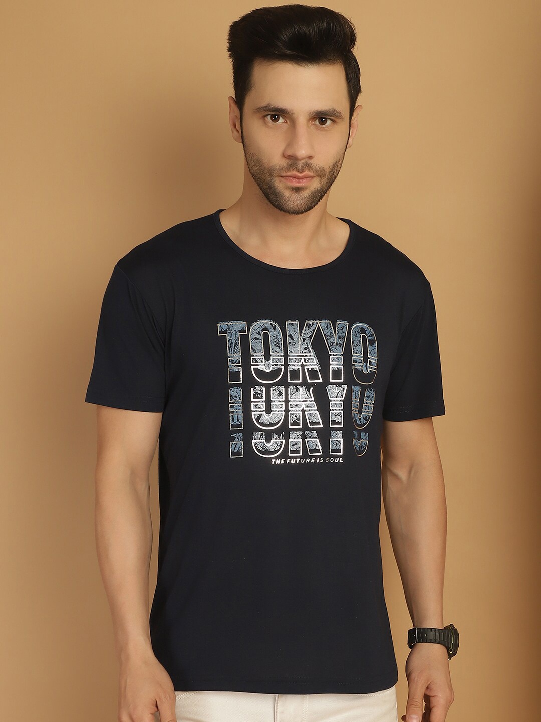 

MACK JONNEY Round Neck Typography Printed Cotton T-shirt, Navy blue