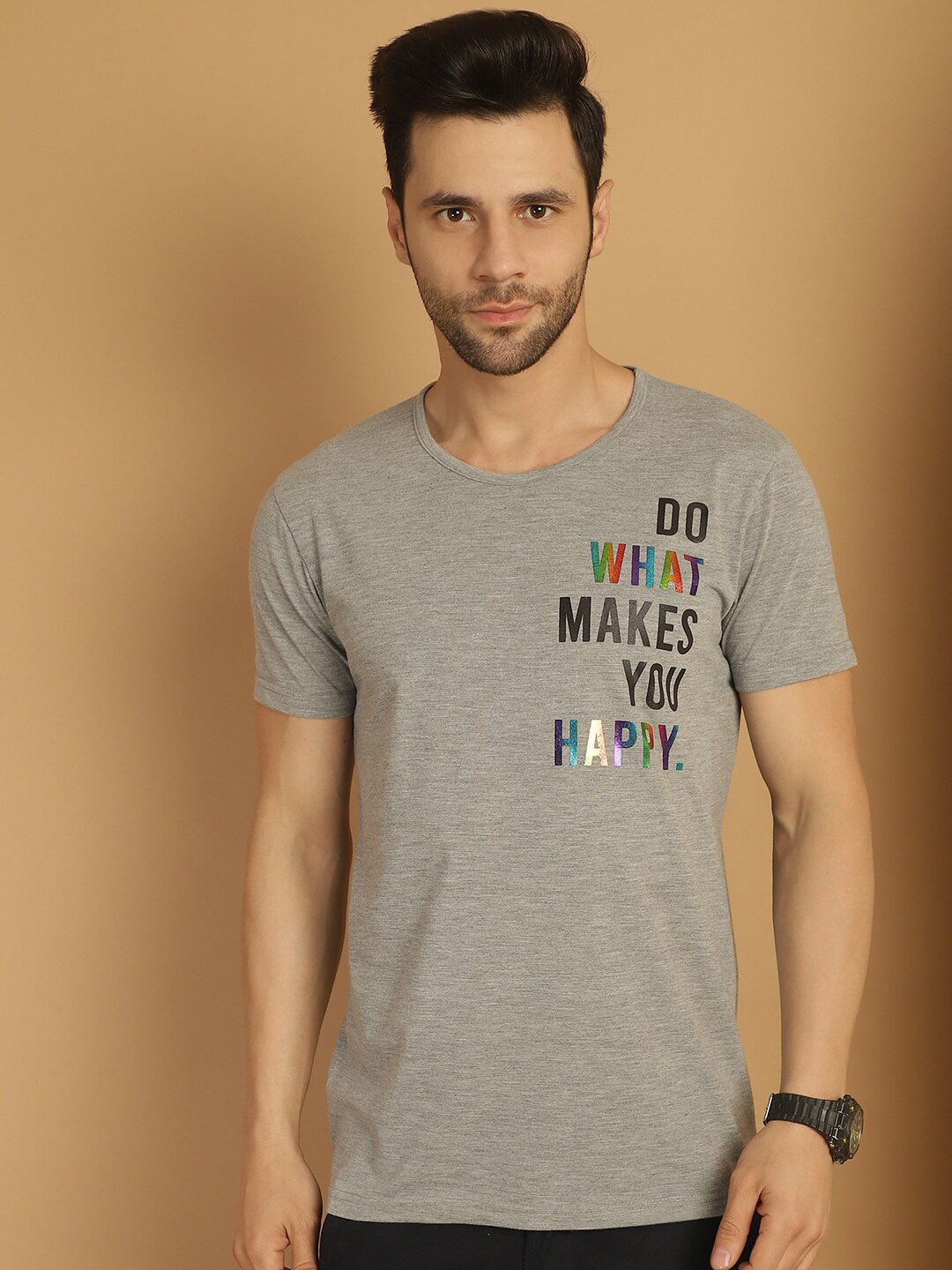 

MACK JONNEY Round Neck Typography Printed Cotton T-shirt, Grey
