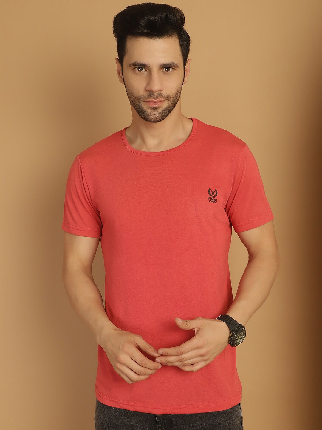 

VIMAL JONNEY Round Neck Cotton T-shirt, Pink