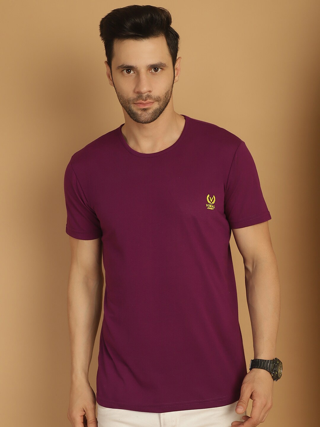 

VIMAL JONNEY Round Neck Short Sleeves Cotton T-shirt, Purple