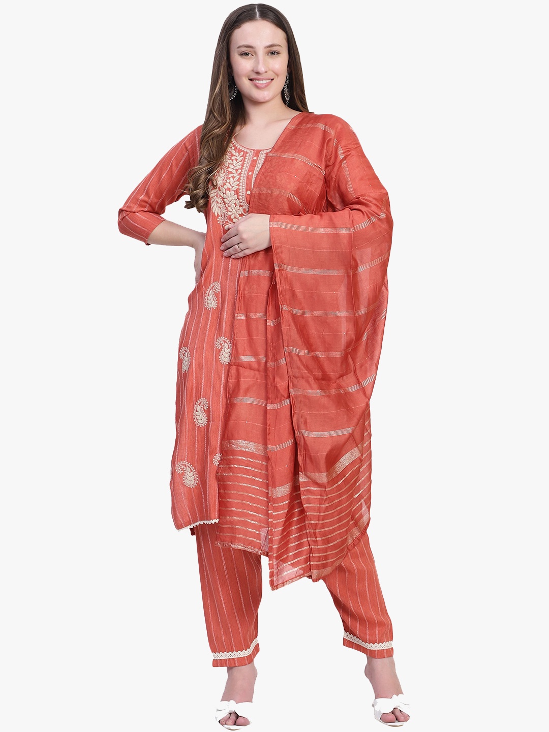 

Rosecloud Floral Embroidered Straight Kurta with Trousers And Dupatta, Orange