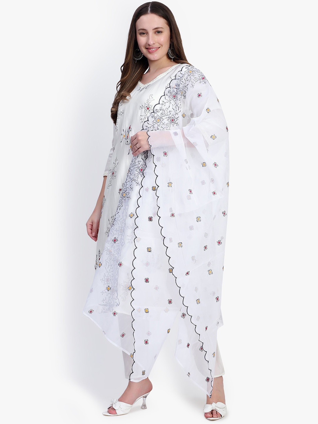 

Rosecloud Floral Embroidered Straight Kurta with Trousers & With Dupatta, White