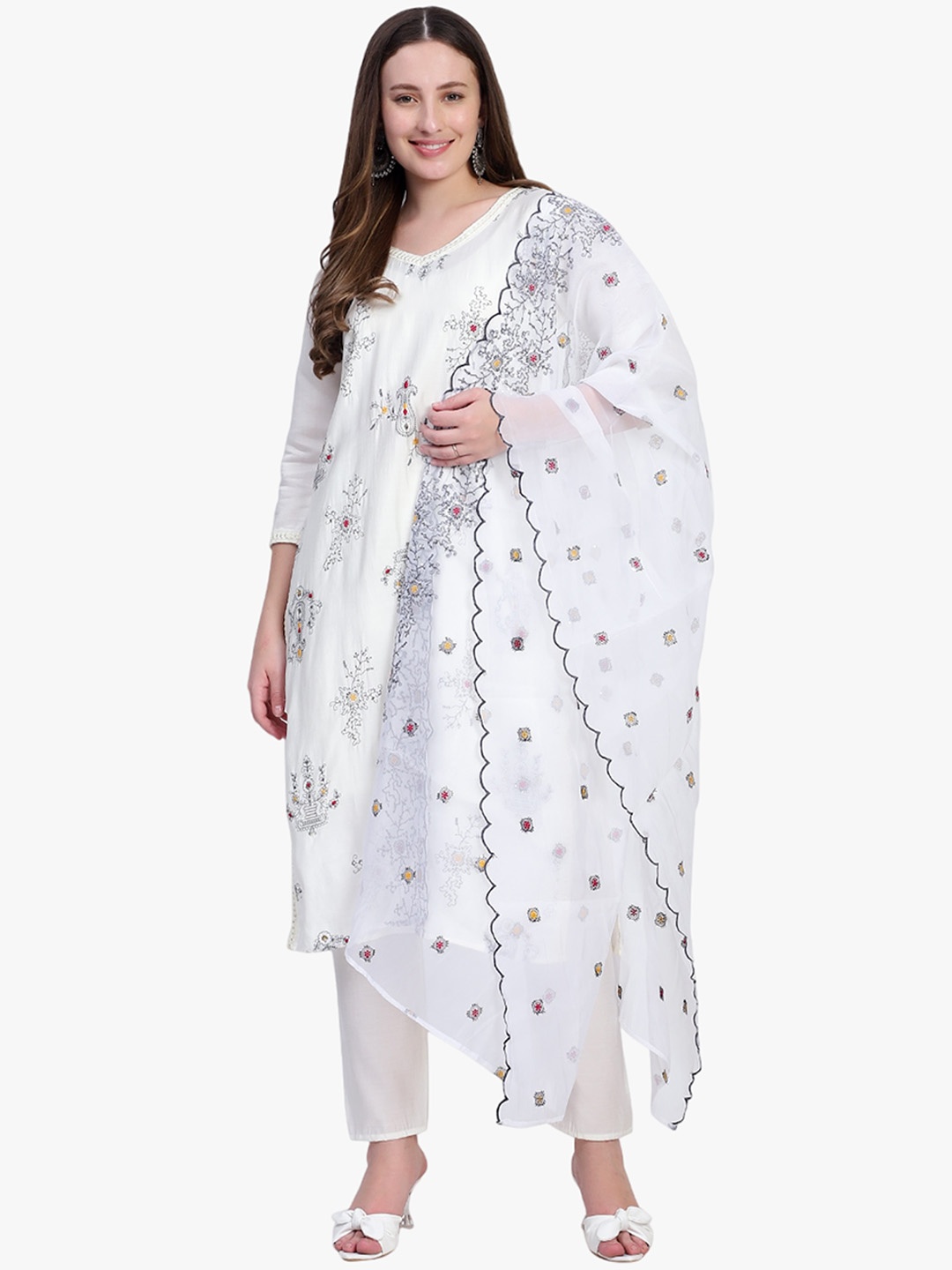 

Rosecloud Paisley Embroidered Straight Kurta with Trousers & With Dupatta, White