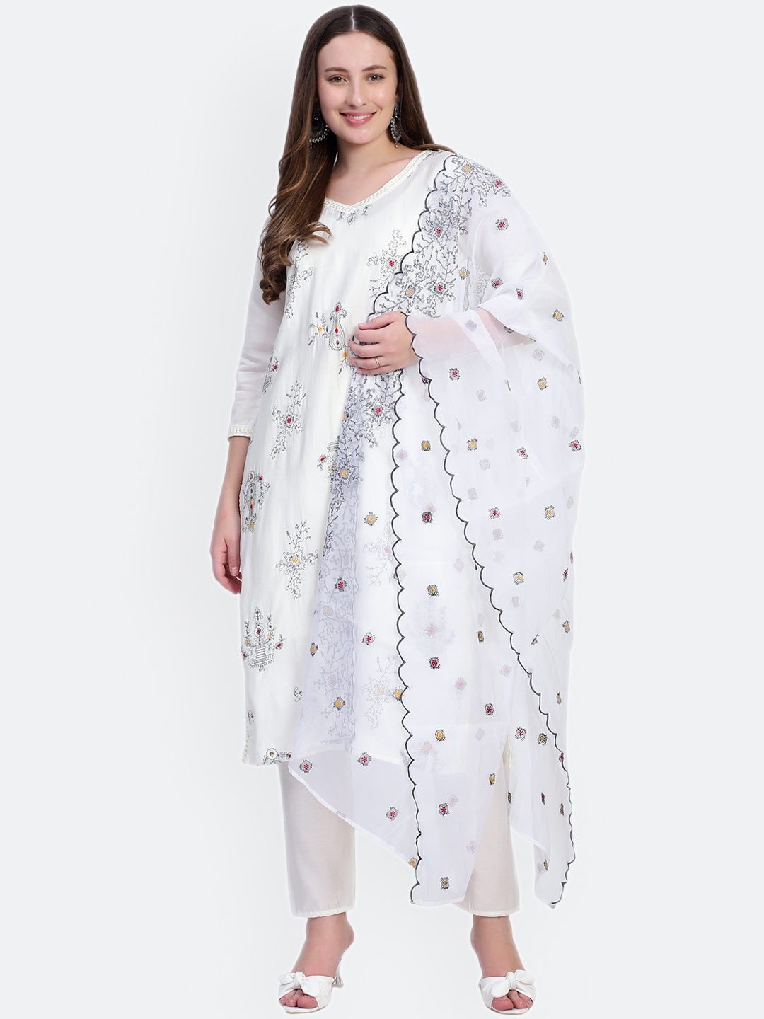 

Rosecloud Floral Embroidered Straight Kurta with Trousers & With Dupatta, White