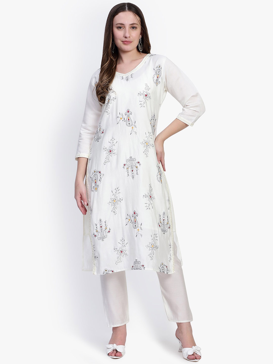 

Rosecloud Paisley Embroidered Straight Kurta with Trousers & With Dupatta, White