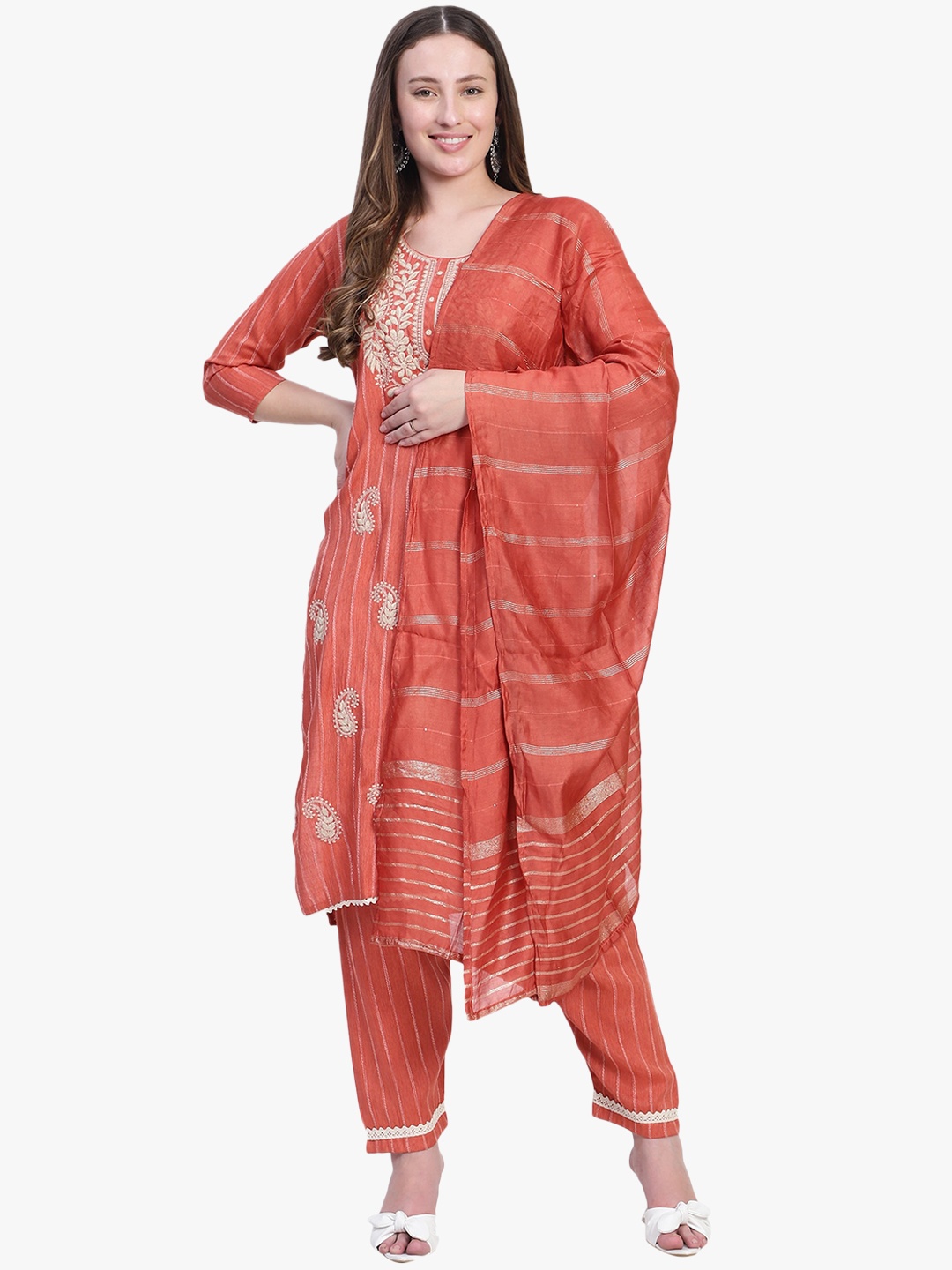 

Rosecloud Floral Embroidered Straight Kurta with Trousers And Dupatta, Orange