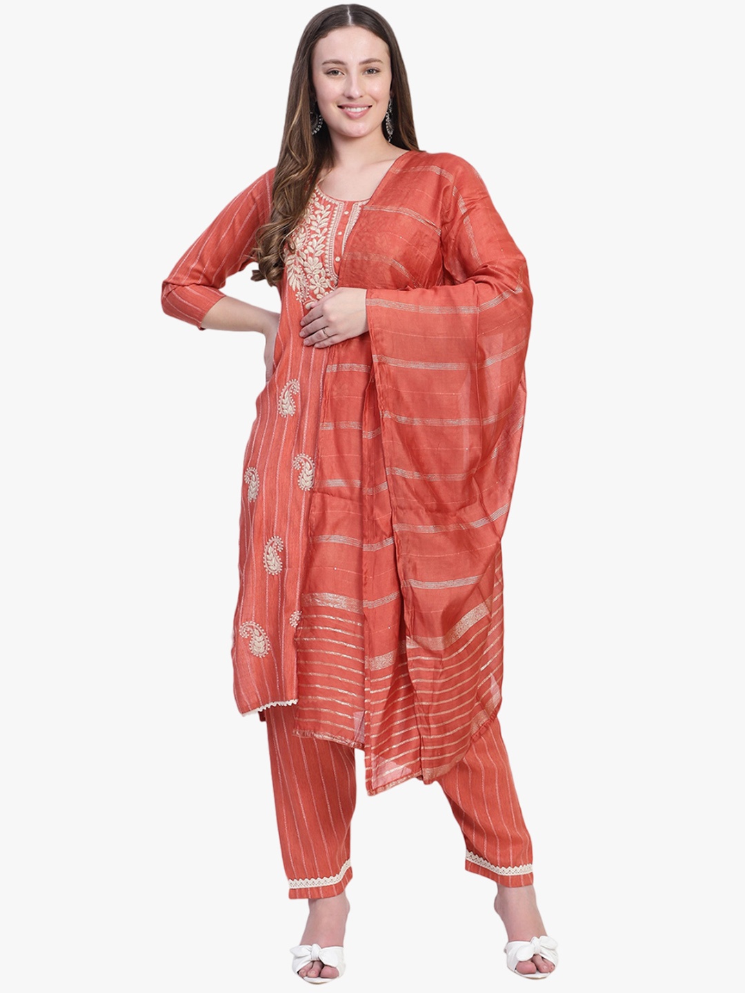 

Rosecloud Floral Embroidered Straight Kurta with Trousers And Dupatta, Orange