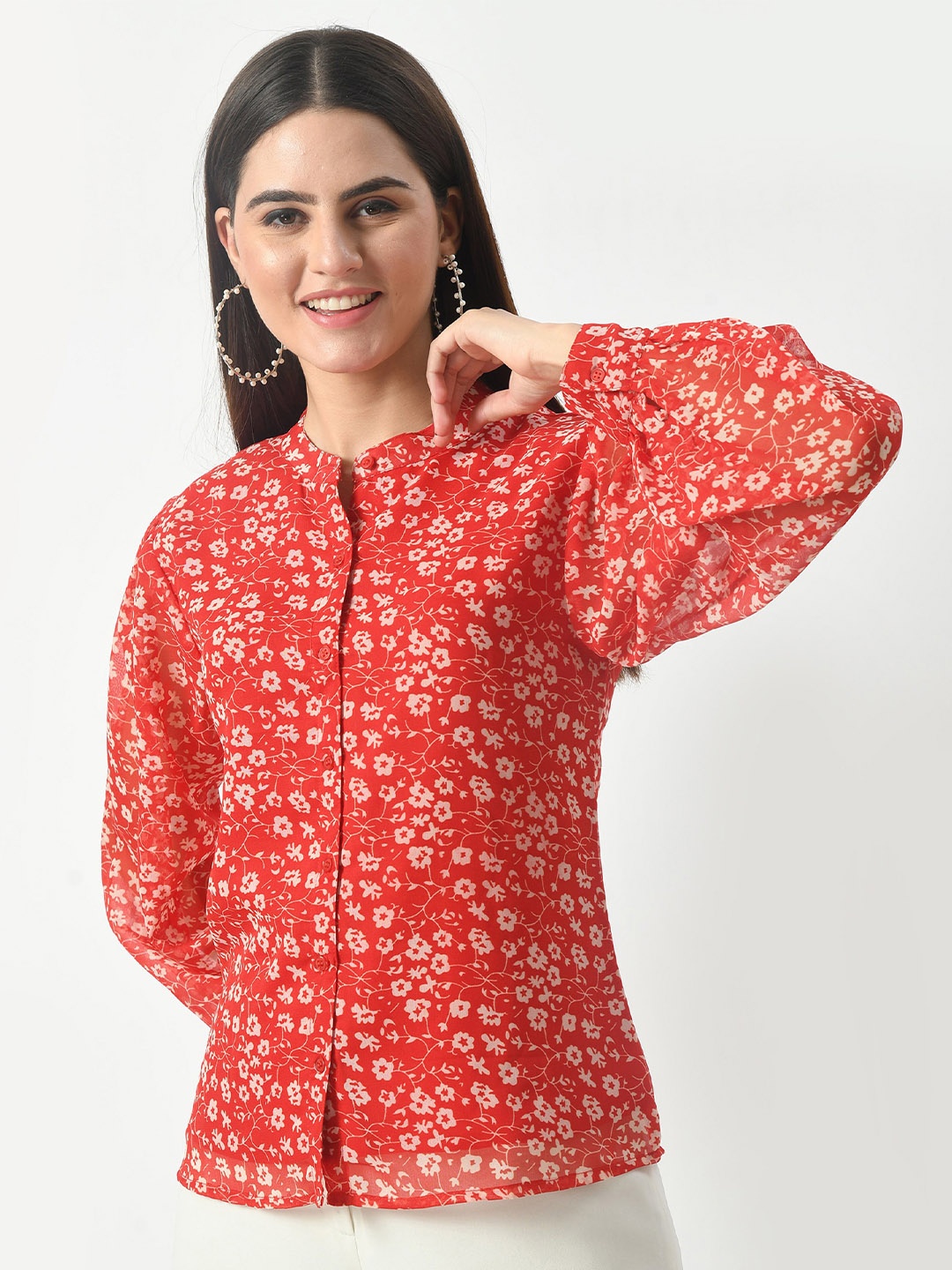 

HERE&NOW Floral Printed Georgette Shirt Style Top, Red