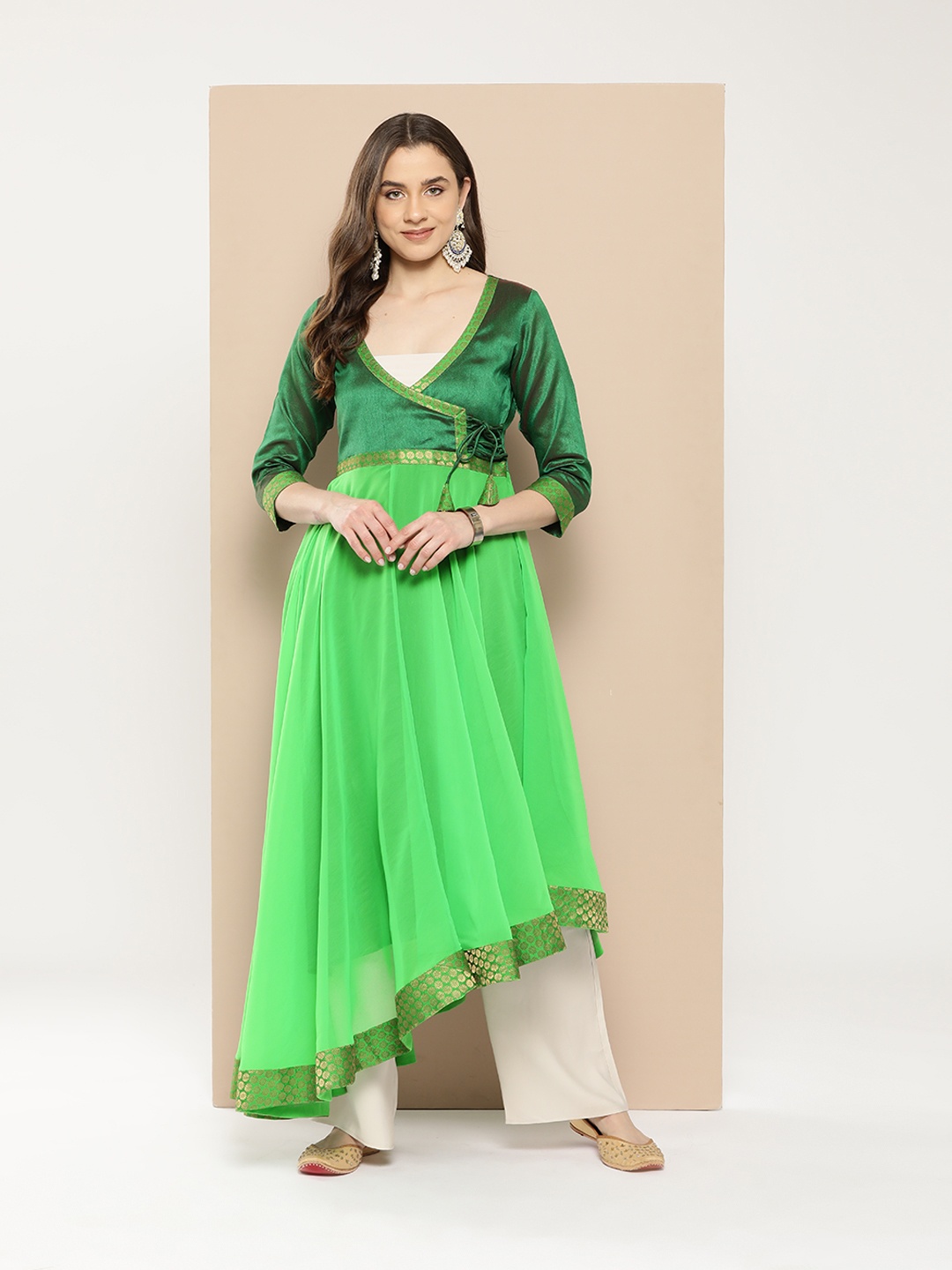 

MBE Women Yoke Design Asymmetric Georgette Anarkali Kurta, Green