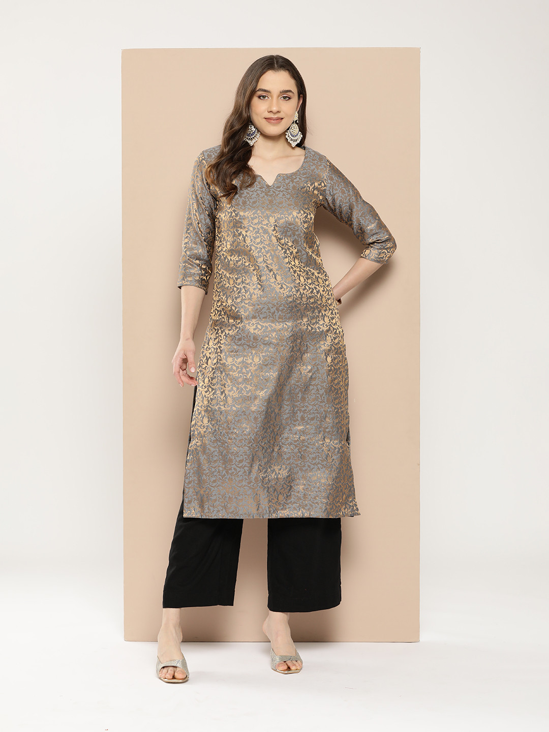 

MBE Women Woven Design Brocade Kurta, Grey
