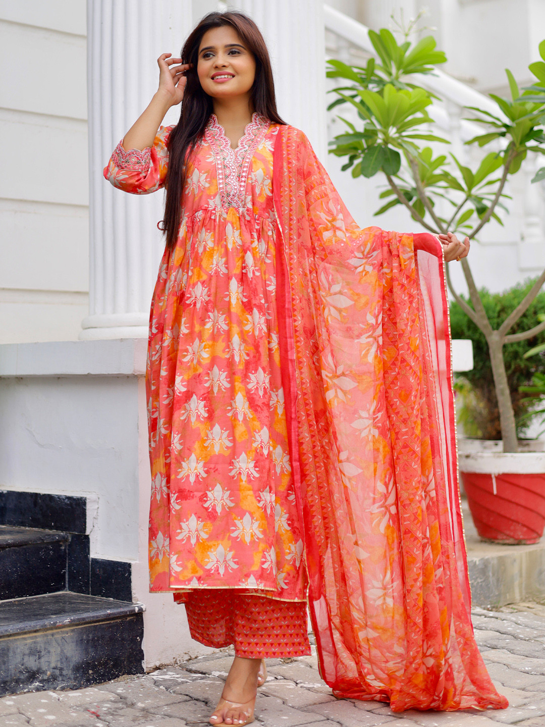 

Libas Floral Printed Pleated Mirror Work Kurta with Palazzos & Dupatta, Orange