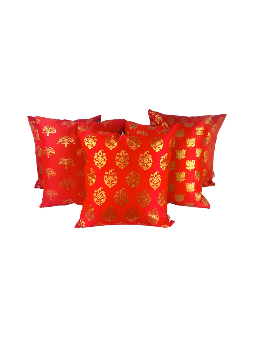 

Pink Parrot Red & Gold-Toned 5 Pieces Ethnic Motifs Square Cushion Covers