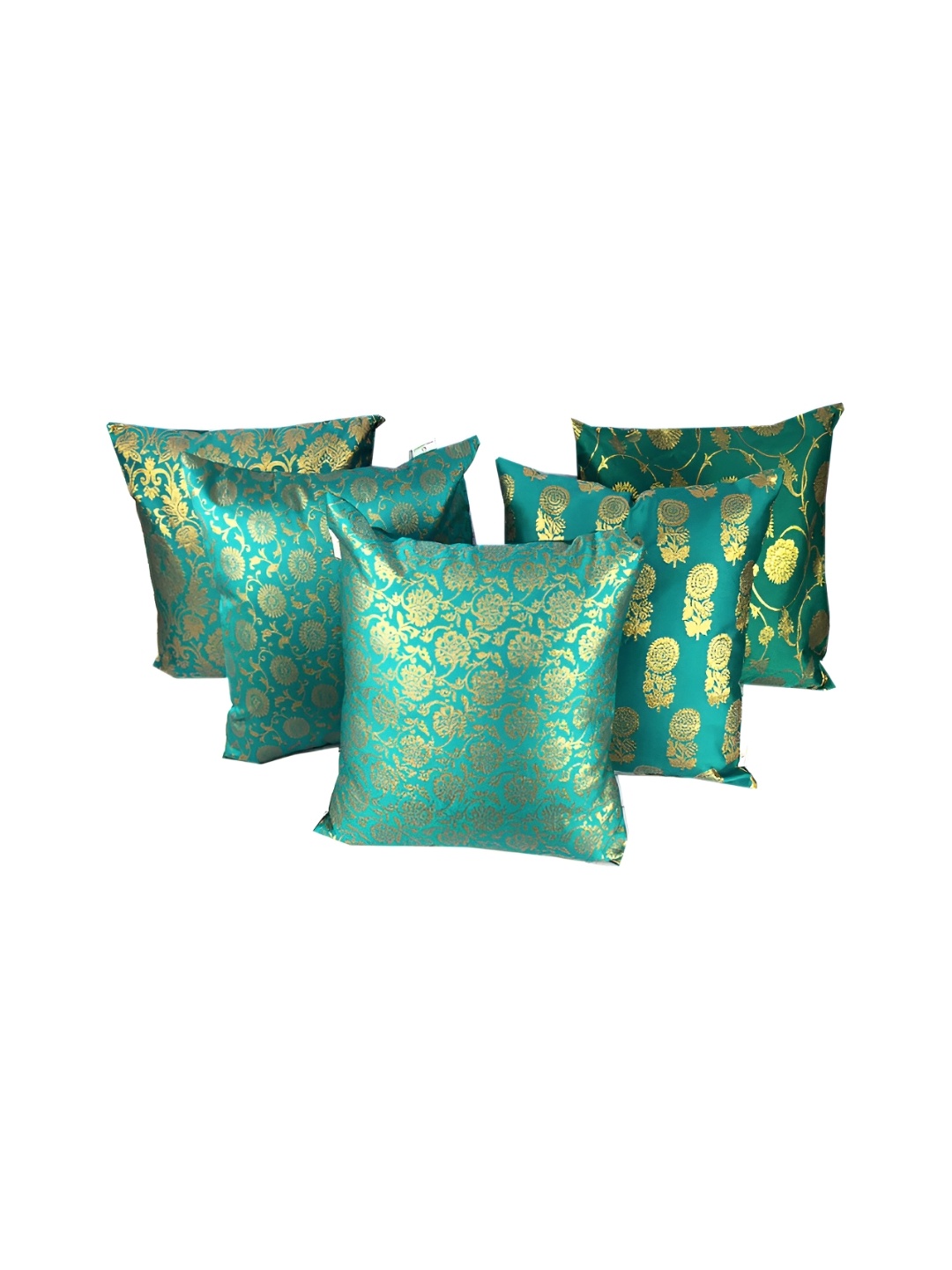 

Pink Parrot Green & Gold-Toned 5 Pieces Floral Printed Square Cushion Covers