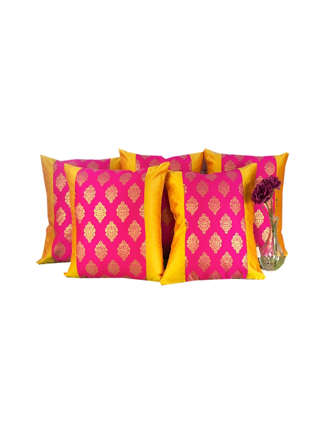 

Pink Parrot Peach-Coloured & Mustard 5 Pieces Floral Square Cushion Covers