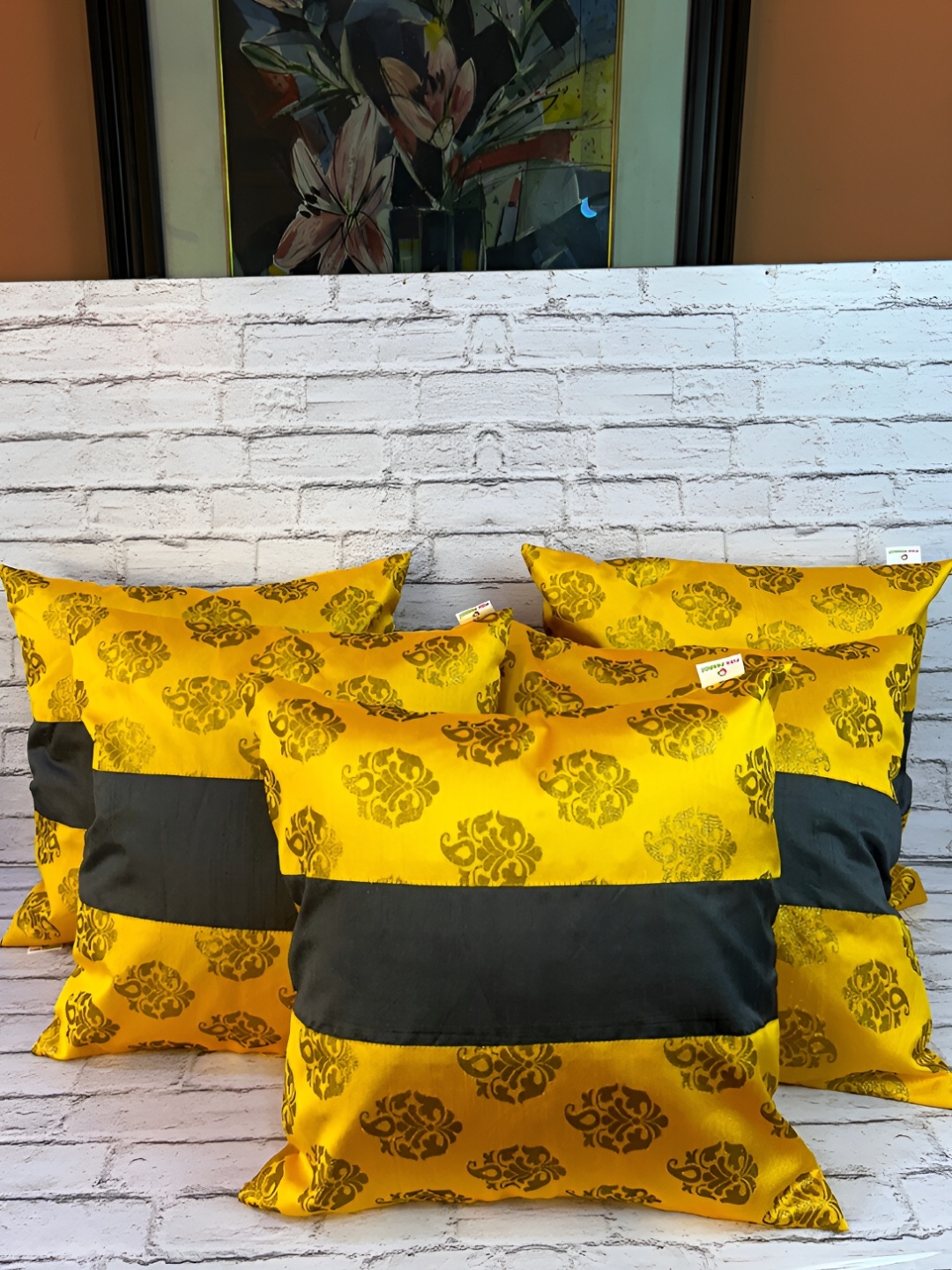 

Pink Parrot Yellow & Black 5 Pieces Ethnic Motifs Square Cushion Covers
