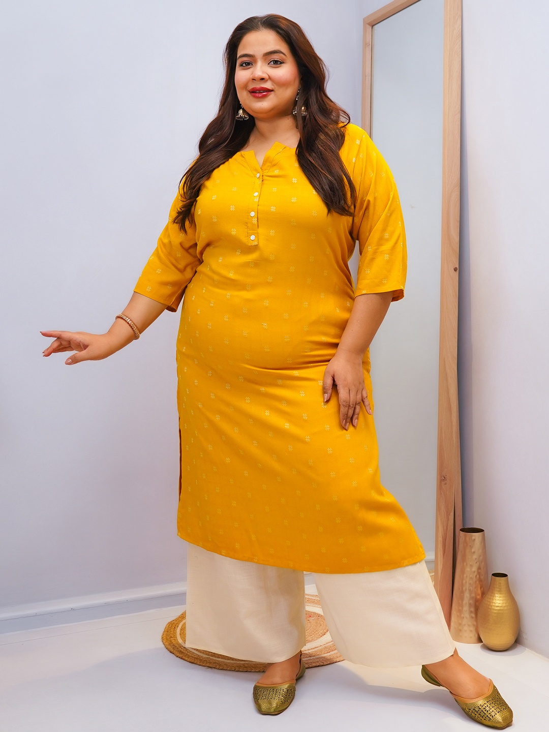 

EXTRA LOVE BY LIBAS Plus Size Geometric Woven Design Notch Neck Straight Kurta, Mustard