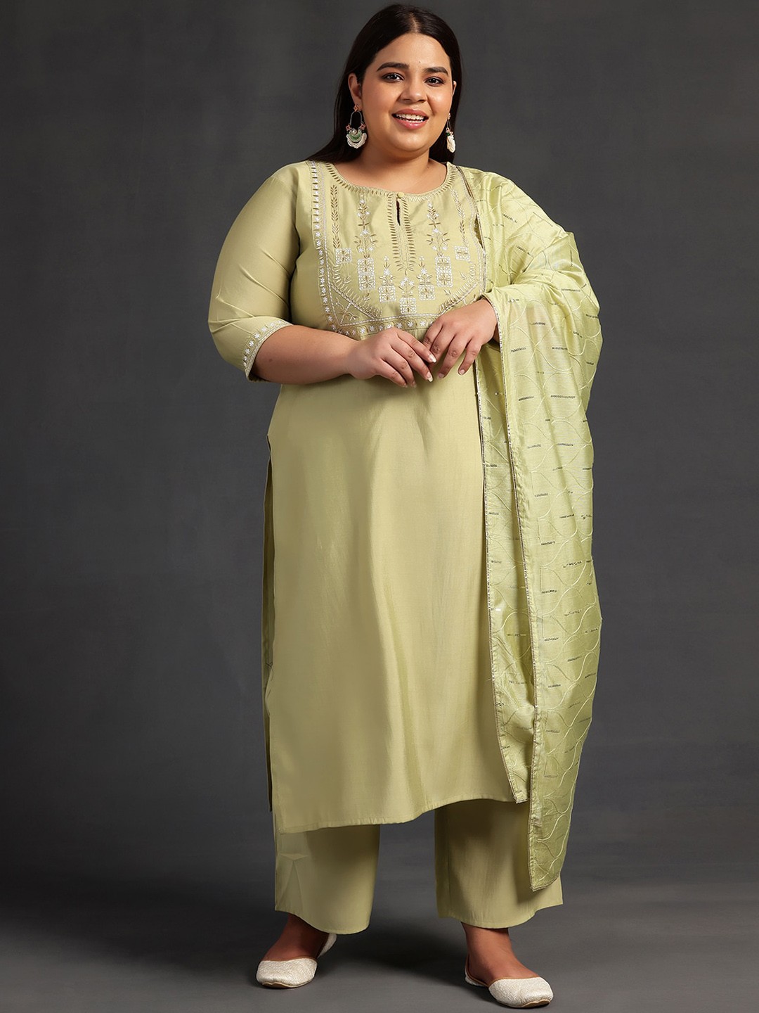 

EXTRA LOVE BY LIBAS Plus Size Floral Yoke Design Thread Work Kurta with Trousers & Dupatta, Green