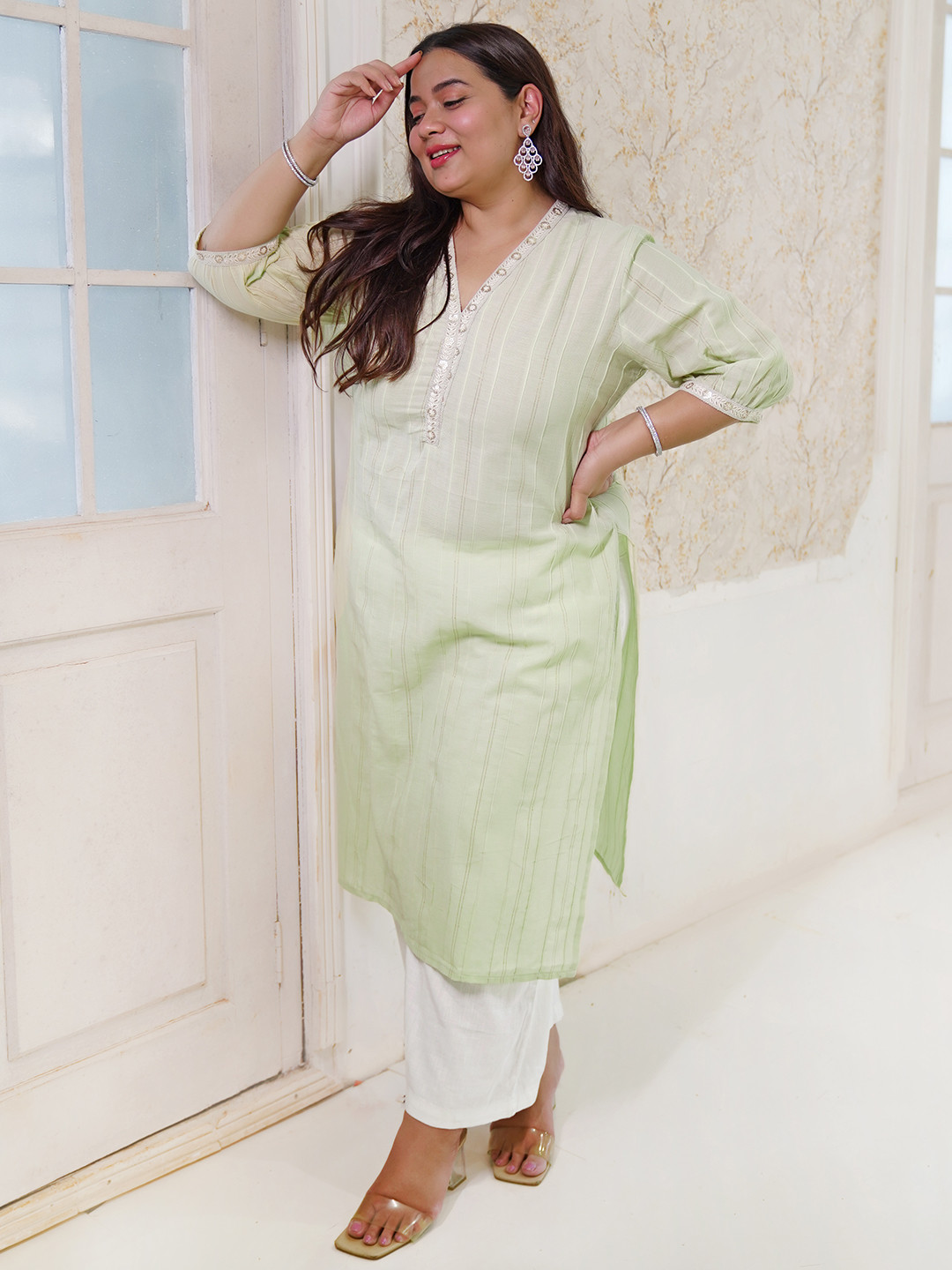 

EXTRA LOVE BY LIBAS Plus Size Striped V-Neck Straight Kurta, Green