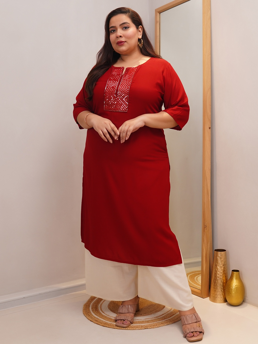 

EXTRA LOVE BY LIBAS Plus Size Yoke Design Round Neck Straight Kurta, Maroon
