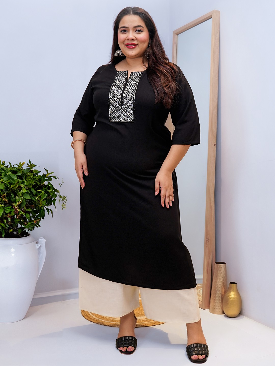 

EXTRA LOVE BY LIBAS Plus Size Notch Neck Yoke Design Thread Work Straight Kurta, Black