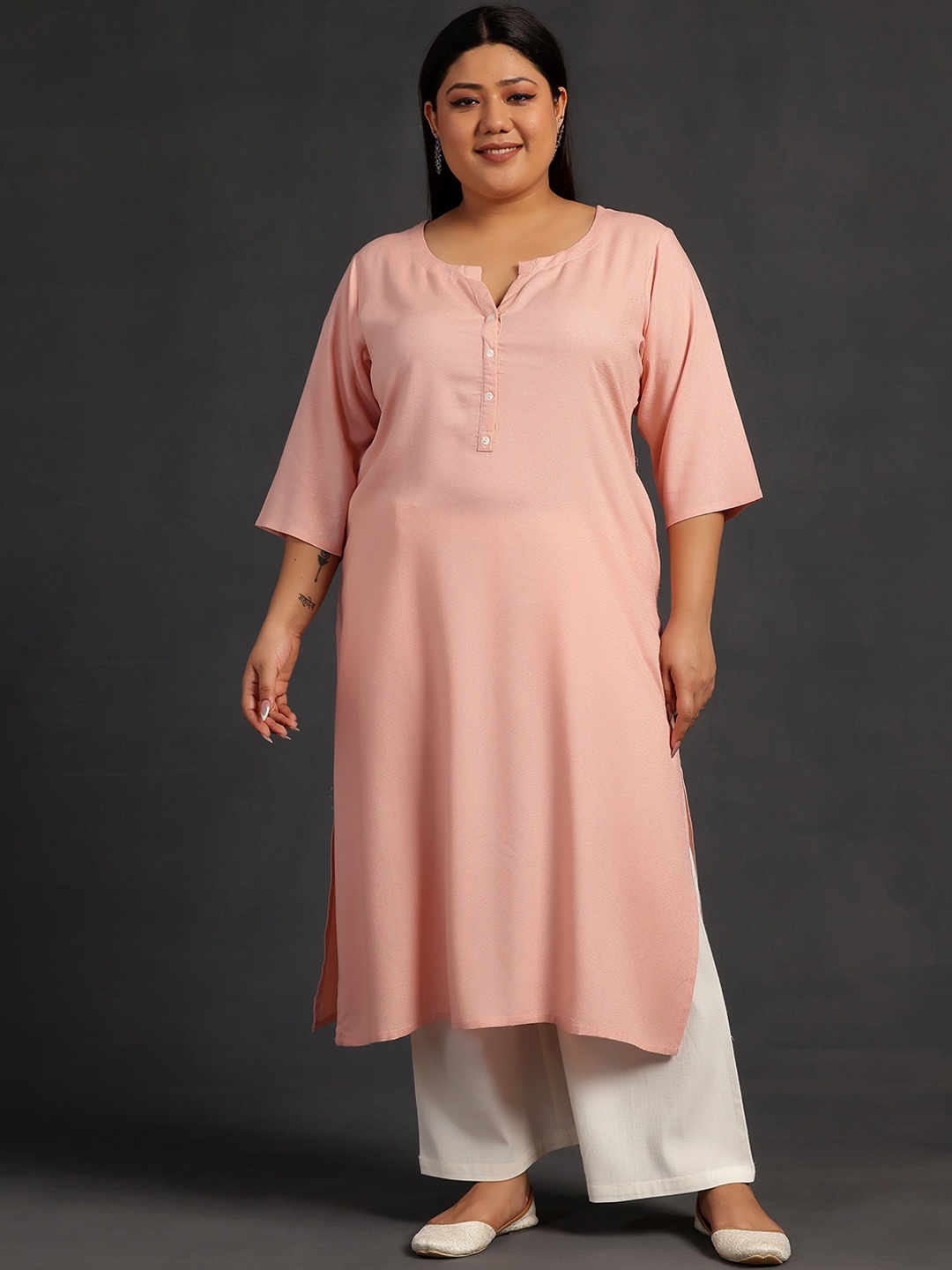 

EXTRA LOVE BY LIBAS Plus Size Notch Neck Straight Kurta, Pink