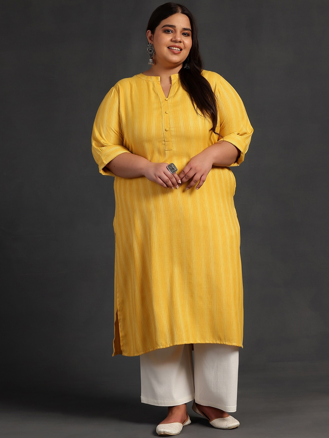 

EXTRA LOVE BY LIBAS Plus Size Striped Mandarin Collar Straight Kurta, Yellow