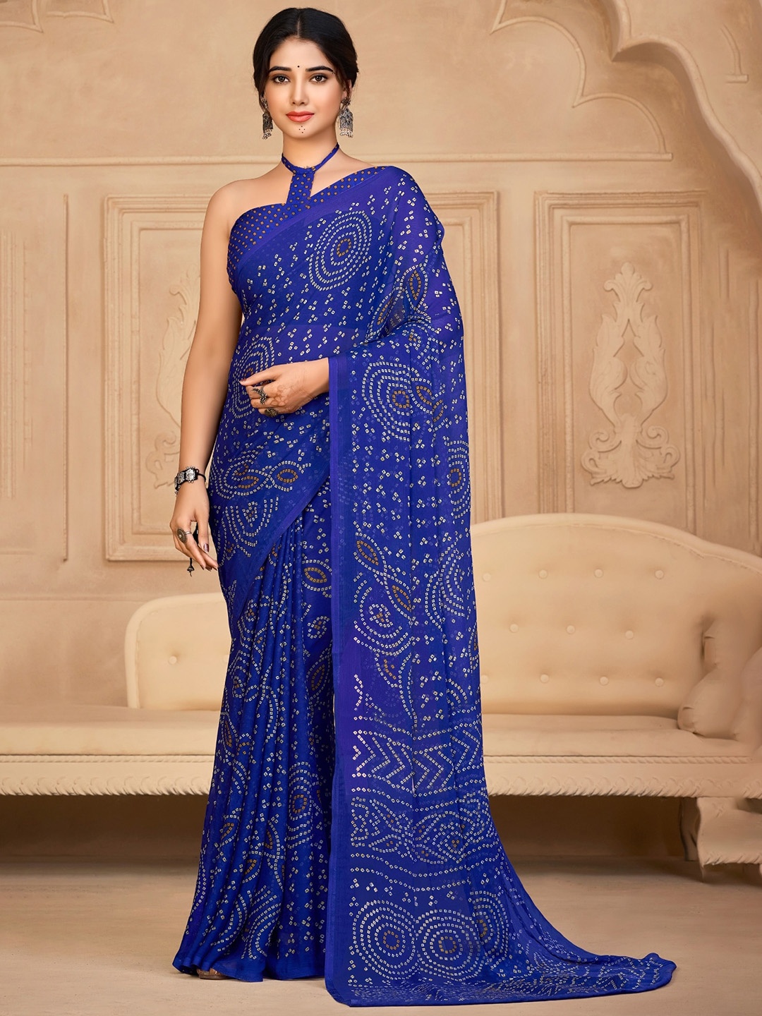 

Reboot Fashions Printed Pure Chiffon Bandhani Saree, Blue