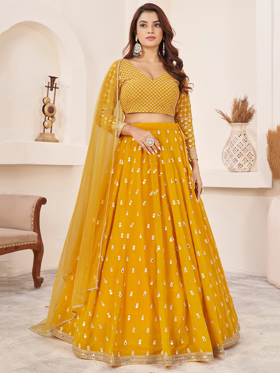 

FABPIXEL Embroidered Sequinned Semi-Stitched Lehenga & Unstitched Blouse With Dupatta, Yellow