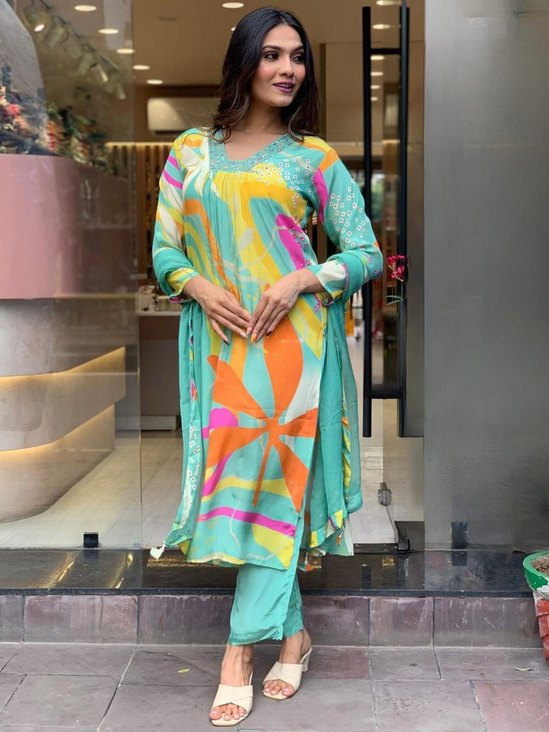 

KALINI Floral Embroidered Regular Kurta with Trousers & Dupatta, Turquoise blue