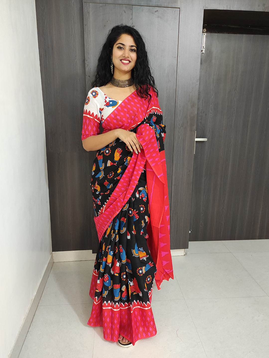 

clothonus Ethnic Motifs Pure Cotton Block Print Saree, Black
