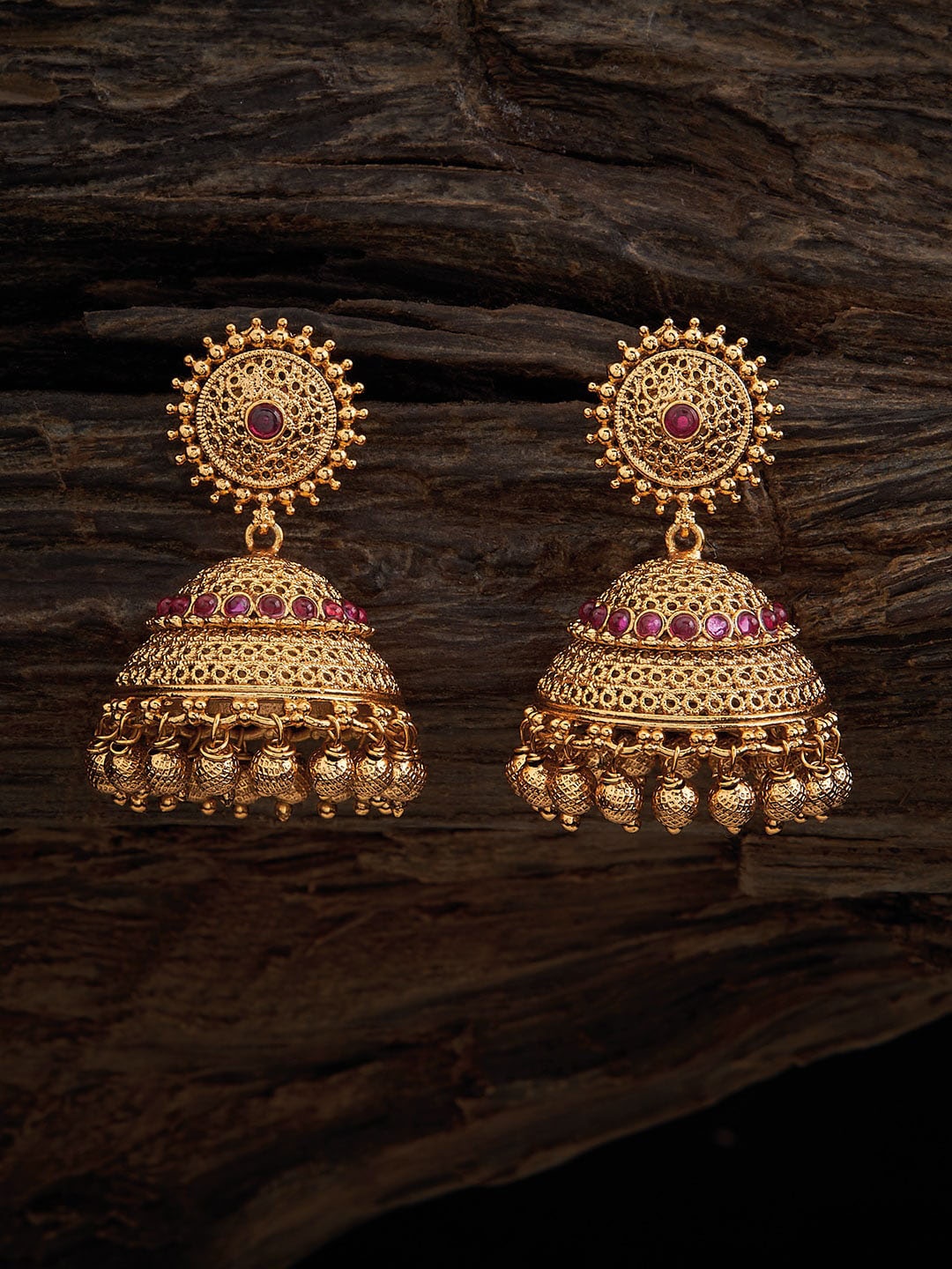

Kushal's Fashion Jewellery Artificial Stones Gold Plated Temple Jhumkas
